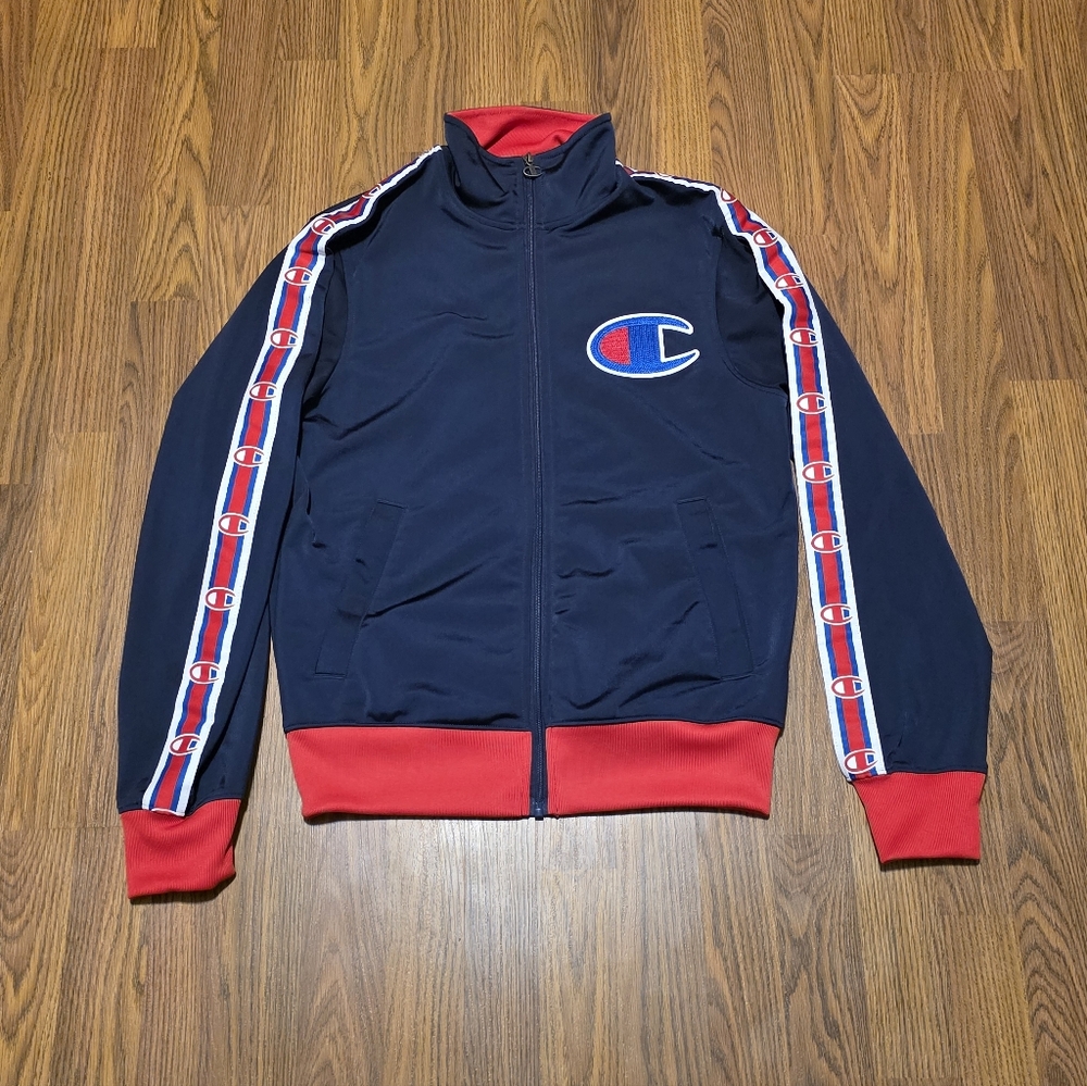 Champion Life Big C Logo Taped Track Jacket Navy Red Stripe Mens Small Full Zip